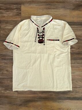 Guatemalan Camisa Típica Boho Lace Up Shirt Large